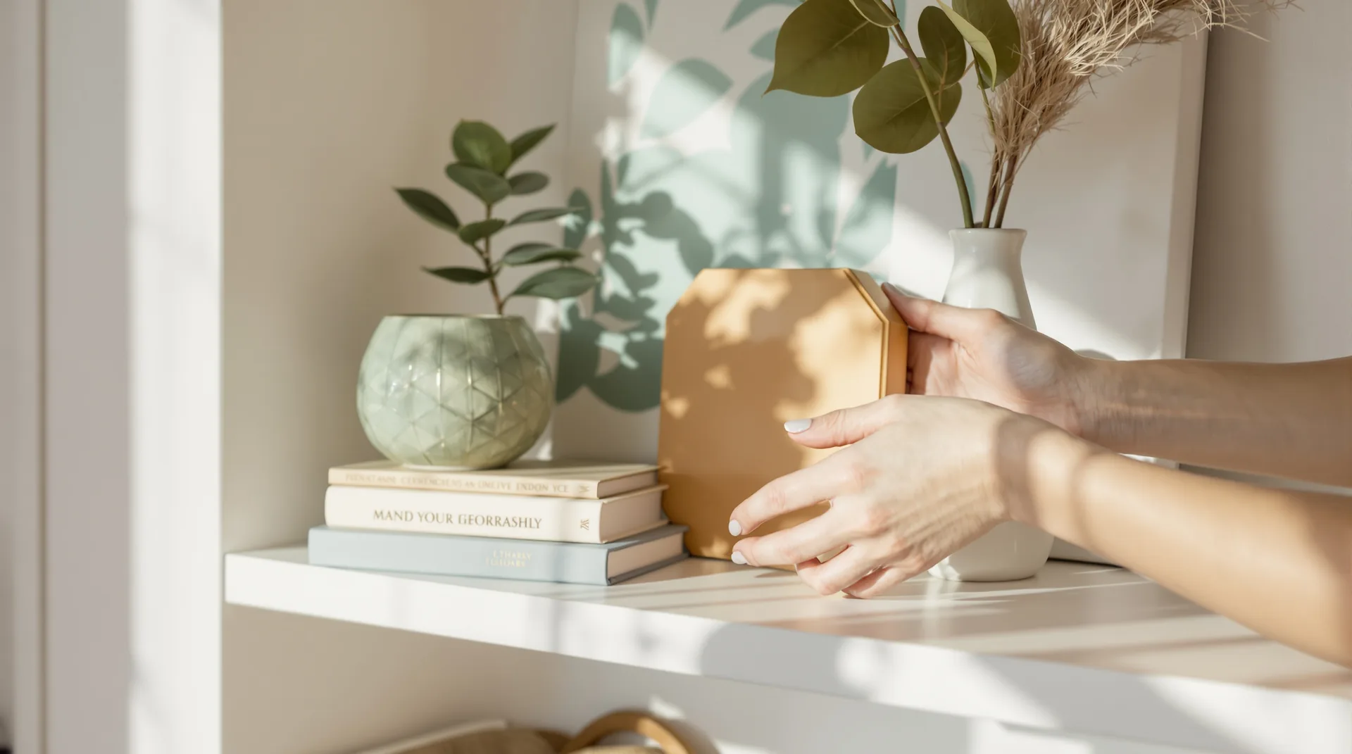 Home stager styling a shelf
