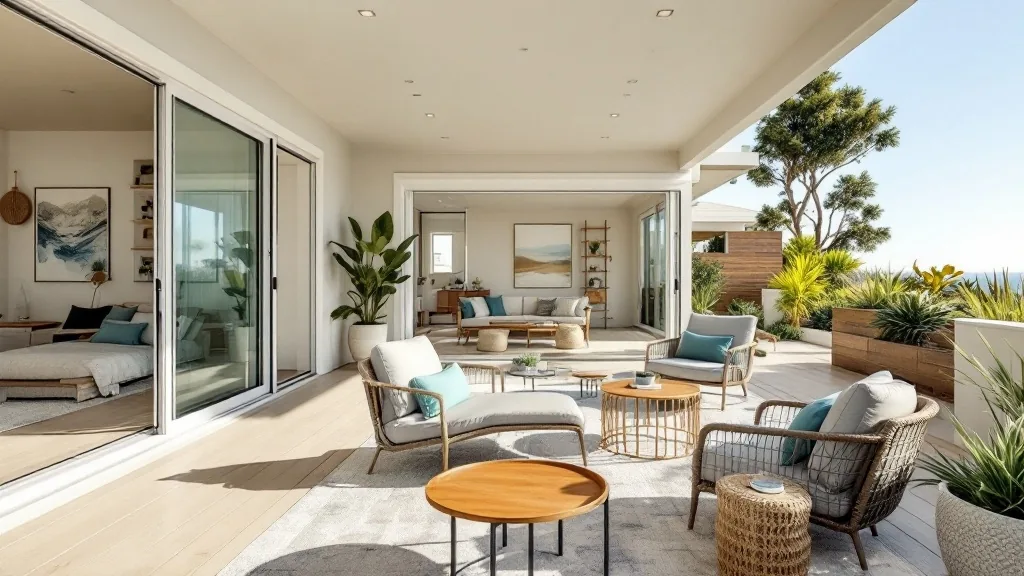Weather-resistant teak and powder-coated outdoor furniture at a San Diego beach rental
